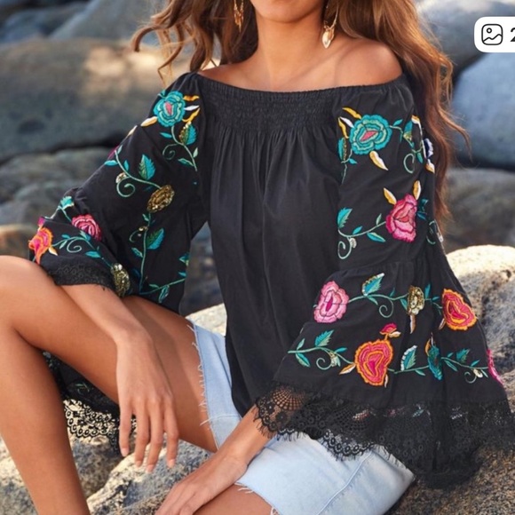 Anthropologie Ruby Yaya CottonTunic Embroidered Long Bell Sleeve Off ShoulderTop - Picture 3 of 9